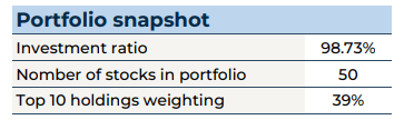 Investment ratio, nº of stocks & weigh of top 10