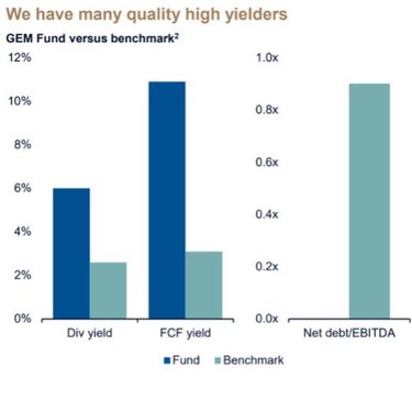 graph shows how the fund outperforms the benchmark in relation with the dividend yield and the fcf