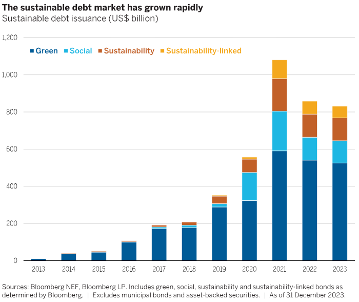 The sustainable debt market has grown rapidly, sustainable debt market growth since 2013 